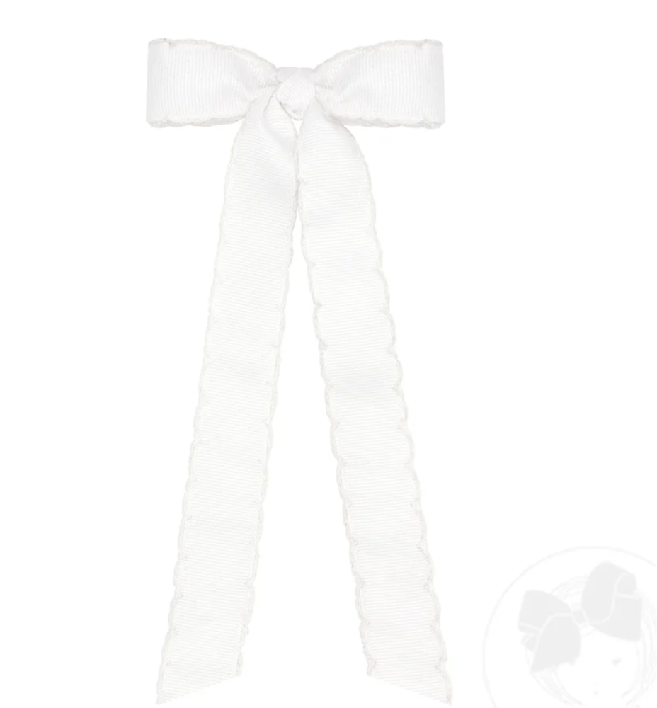 Mini Grosgrain Moonstitch Hair Bowtie with Knot Wrap and Streamer Tails- White