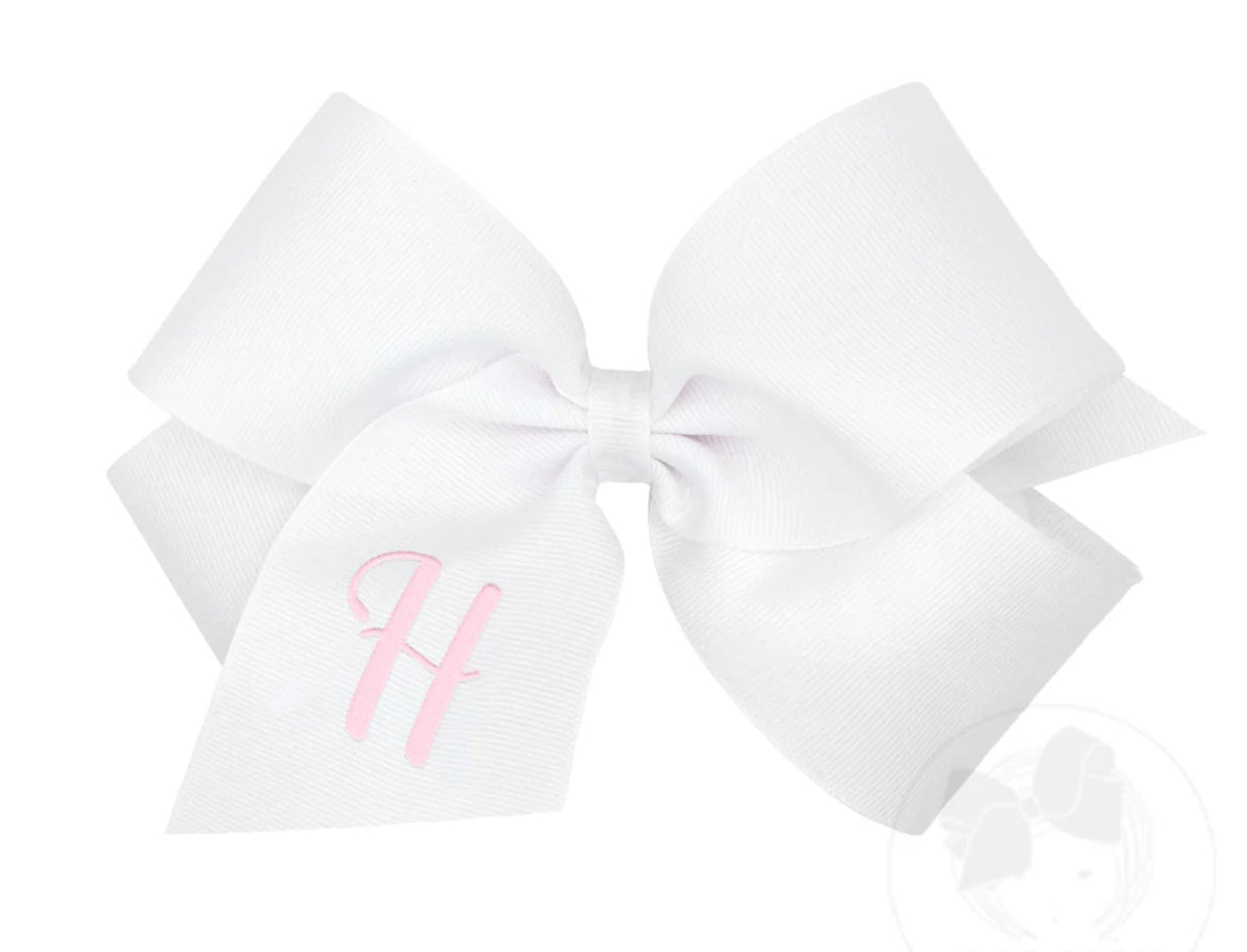 King Monogrammed Grosgrain Girls Hair Bow - White with Light Pink Initial- H