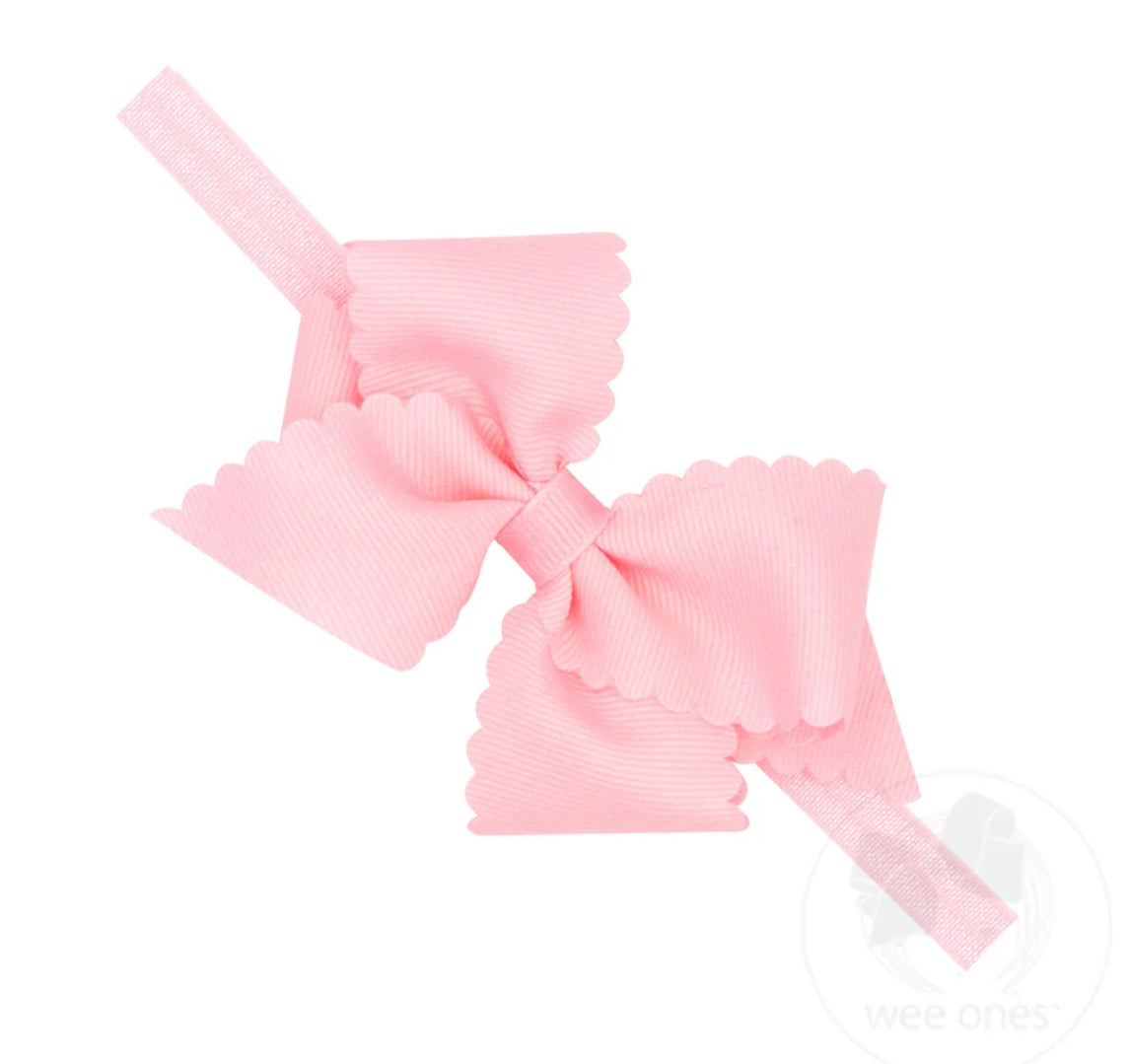 Extra Small Scalloped Edge Grosgrain Hair Bow on Matching Elastic Band- Light Pink