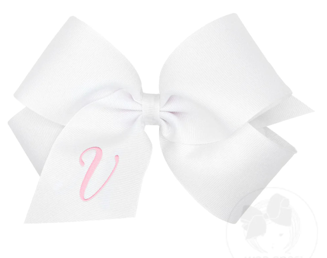 King Monogrammed Grosgrain Girls Hair Bow - White with Light Pink Initial- V