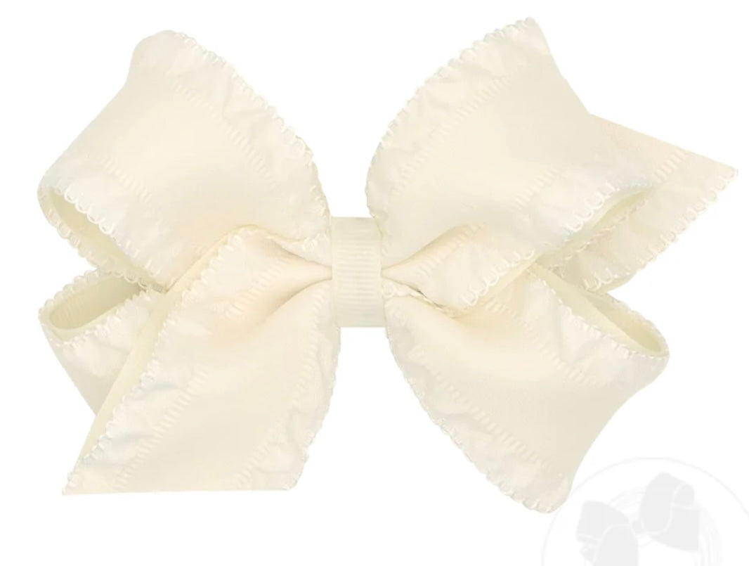 Medium Ruffle Edge Satin with Grosgrain Underlay Hair Bow- Antique White