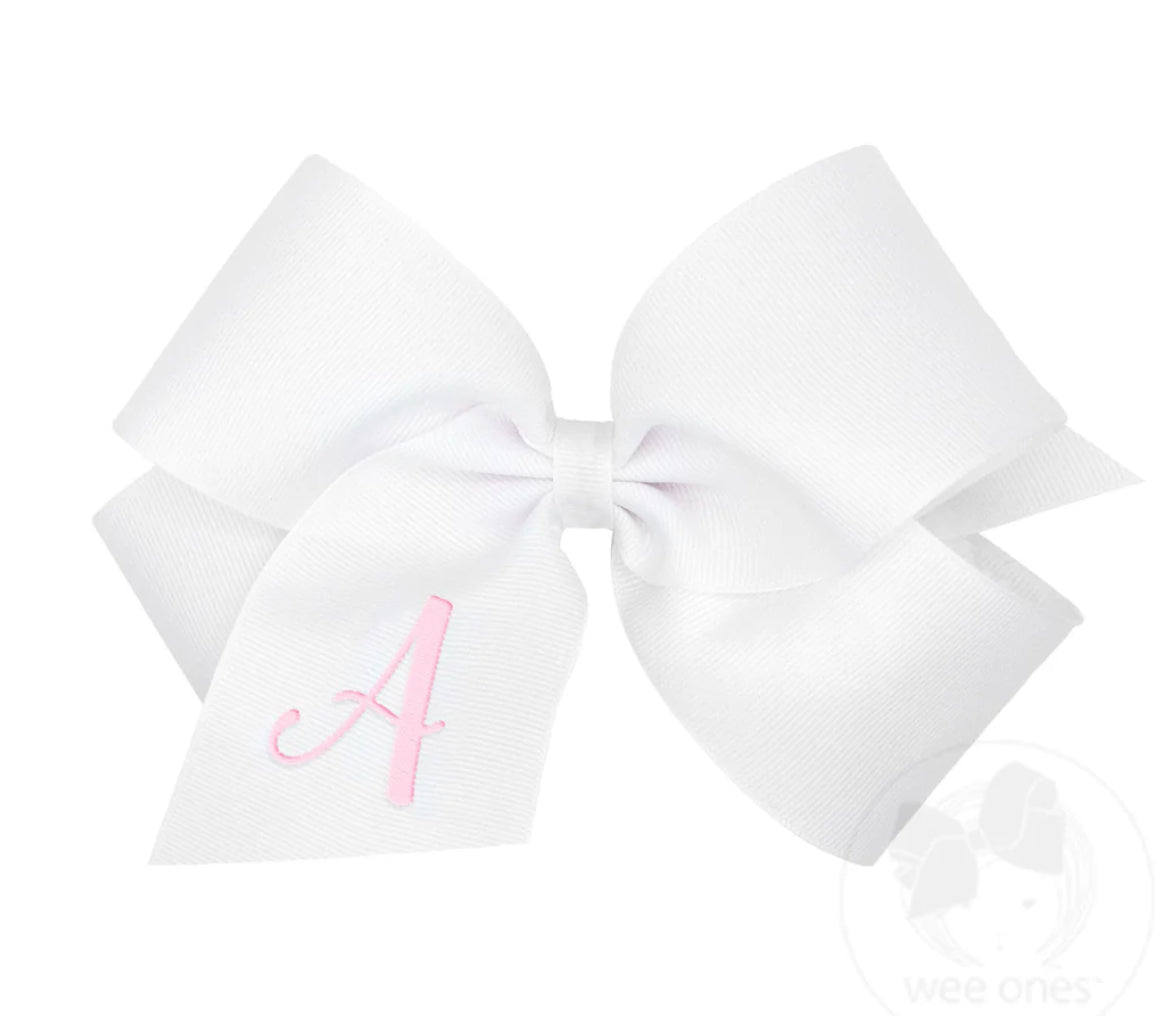 King Monogrammed Grosgrain Girls Hair Bow - White with Light Pink Initial- A