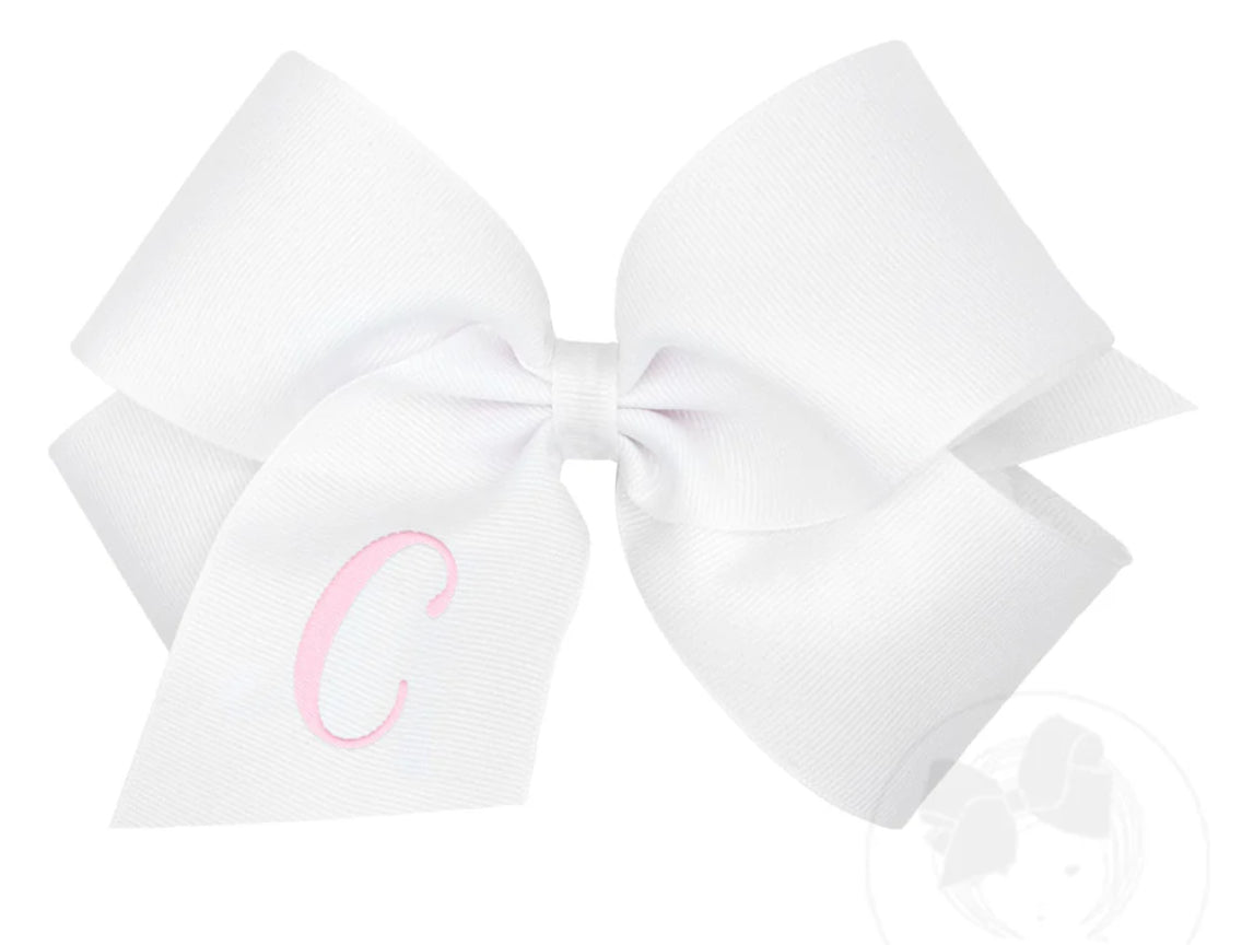 King Monogrammed Grosgrain Girls Hair Bow - White with Light Pink Initial- C