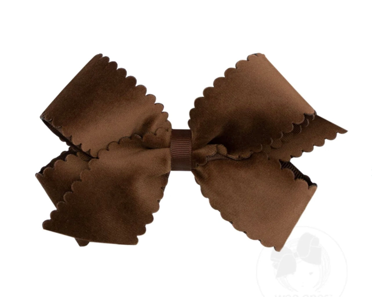 Medium Grosgrain Hair Bow with Scalloped Edge Faux Velvet Overlay- Brown