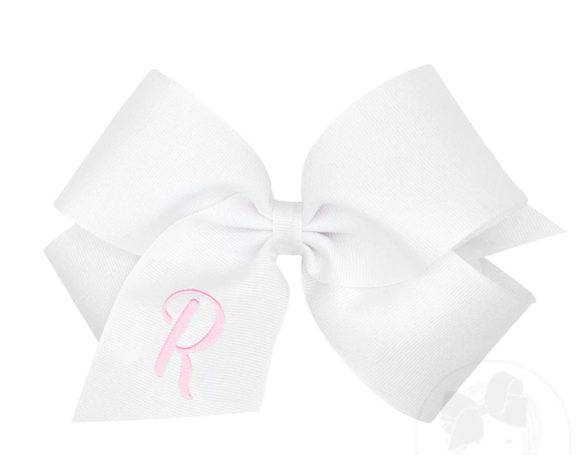King Monogrammed Grosgrain Girls Hair Bow - White with Light Pink Initial- R