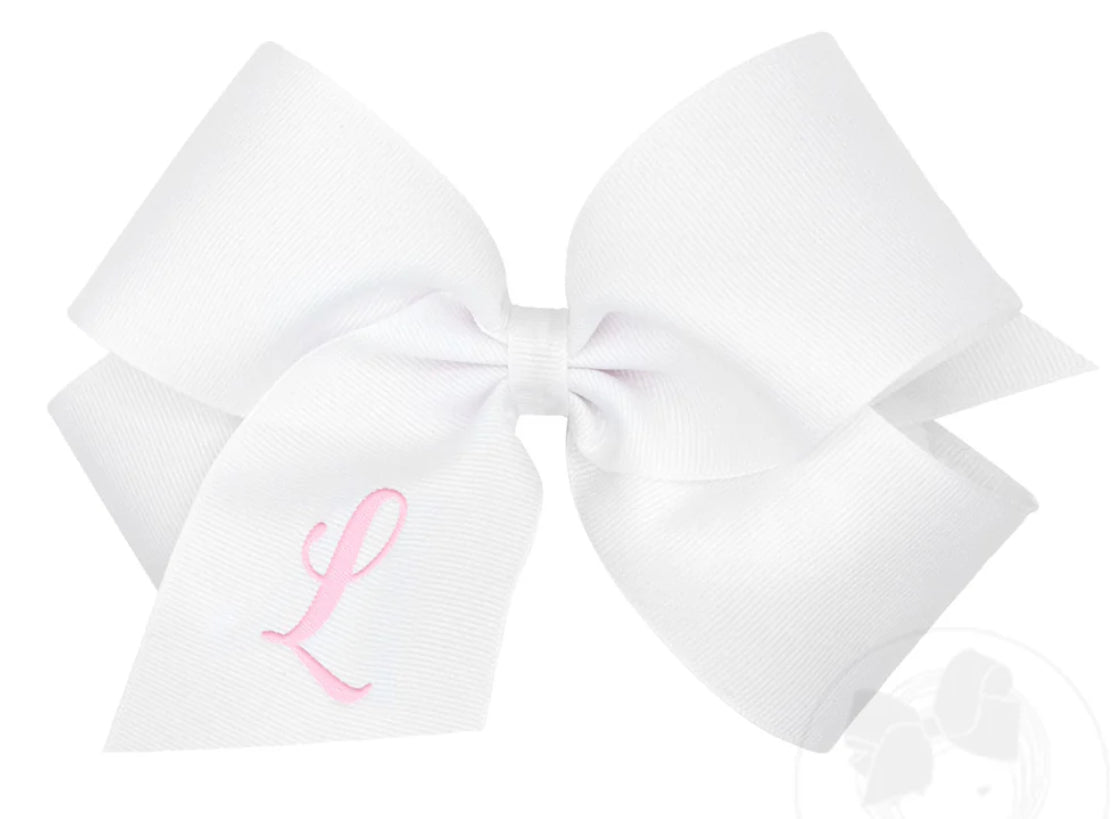 King Monogrammed Grosgrain Girls Hair Bow - White with Light Pink Initial- L