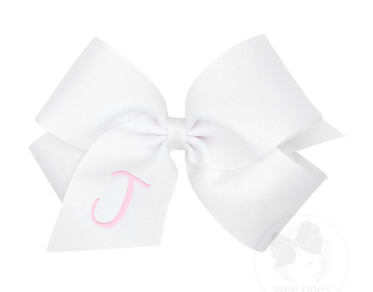 King Monogrammed Grosgrain Girls Hair Bow - White with Light Pink Initial- J