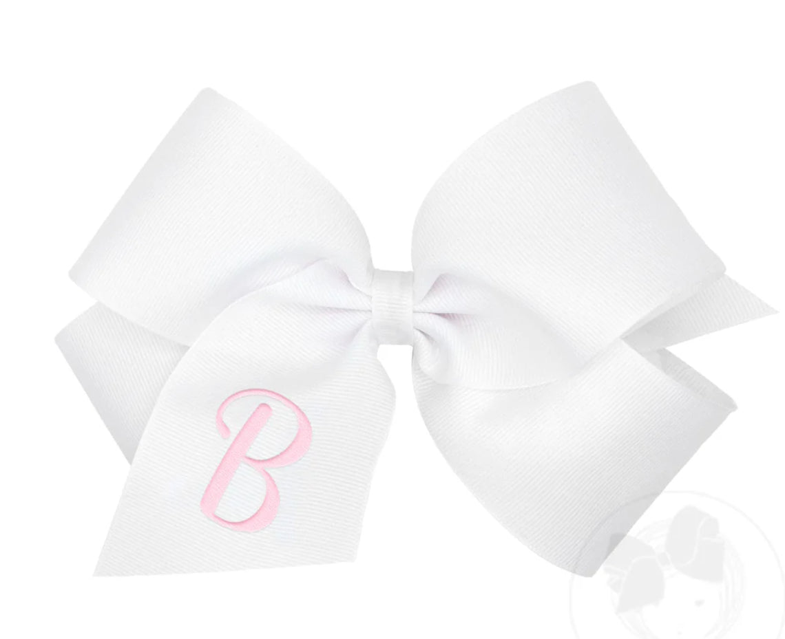 King Monogrammed Grosgrain Girls Hair Bow - White with Light Pink Initial- B