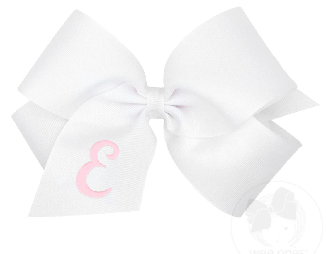 King Monogrammed Grosgrain Girls Hair Bow - White with Light Pink Initial- E