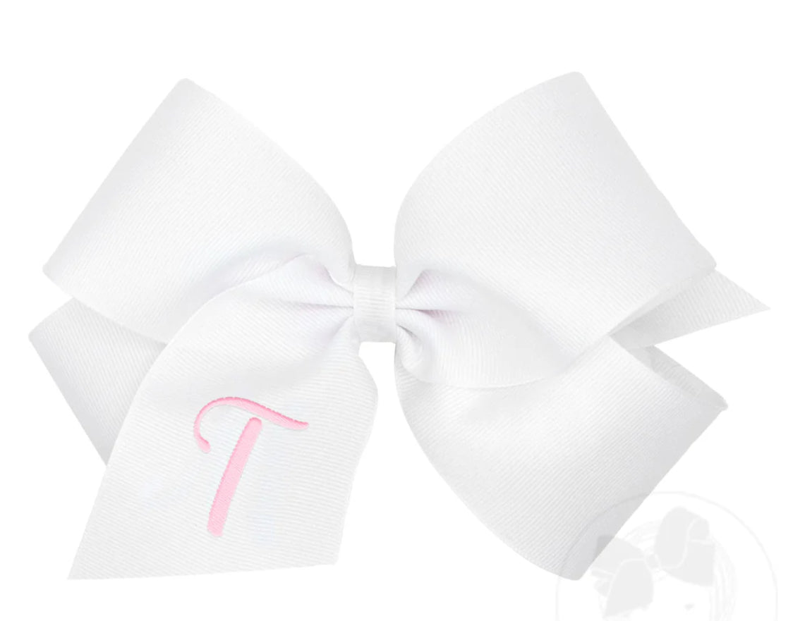 King Monogrammed Grosgrain Girls Hair Bow - White with Light Pink Initial- T