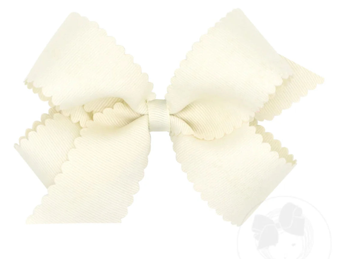 Medium Grosgrain Hair Bow with Scalloped Edge- Antique White