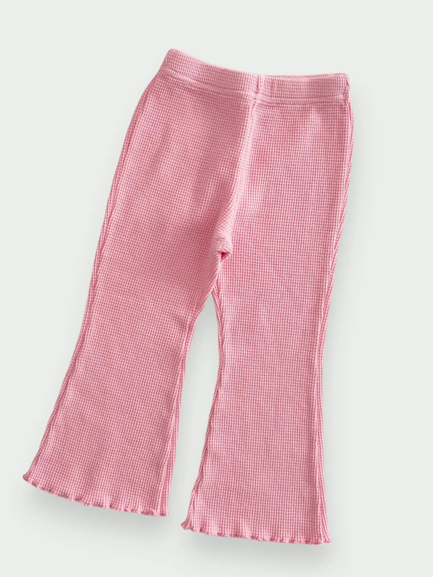 Cozy Waffle Lettuce-Edge Flare Pants- Pink