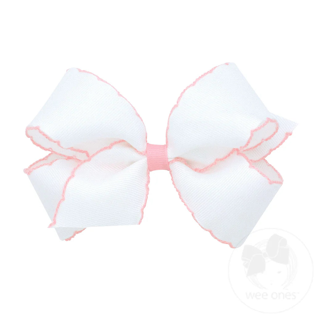 Medium Moonstitch Grosgrain Hair Bow with Contrasting Wrap- White Powder Pink