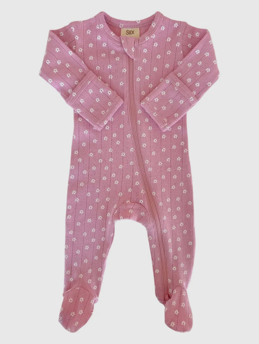 Pink Flower Organic Pointelle 2 Way Zip Footie