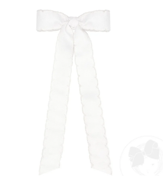 Mini Grosgrain Moonstitch Hair Bowtie with Knot Wrap and Streamer Tails- White