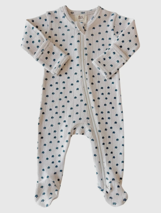 Blue Flower Organic Pointelle 2 Way Zip Footie