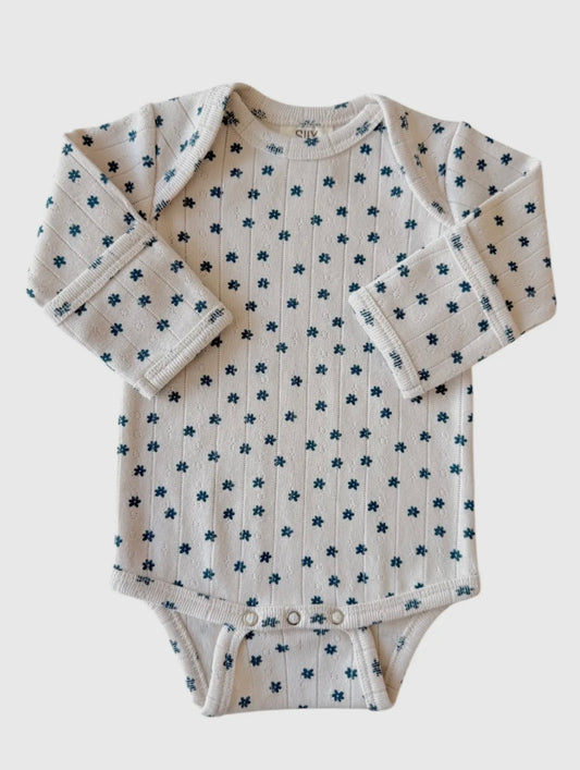 Blue Flower Organic Pointelle Long Sleeve Bodysuit