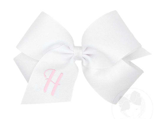 King Monogrammed Grosgrain Girls Hair Bow - White with Light Pink Initial- H