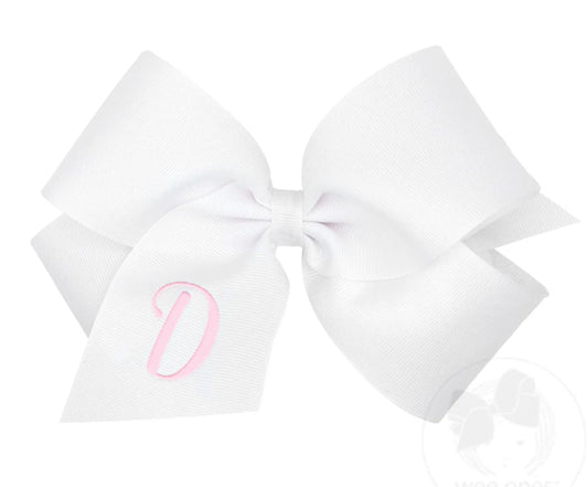 King Monogrammed Grosgrain Girls Hair Bow - White with Light Pink Initial- D