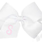 King Monogrammed Grosgrain Girls Hair Bow - White with Light Pink Initial- S