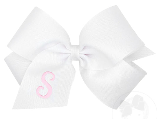 King Monogrammed Grosgrain Girls Hair Bow - White with Light Pink Initial- S
