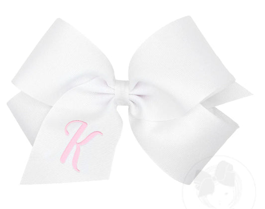 King Monogrammed Grosgrain Girls Hair Bow - White with Light Pink Initial- K