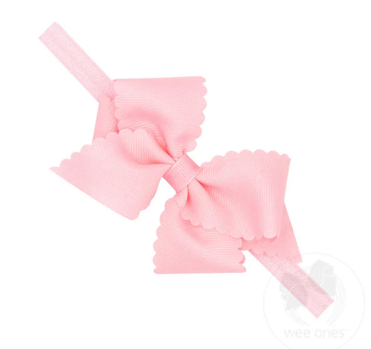 Extra Small Scalloped Edge Grosgrain Hair Bow on Matching Elastic Band- Light Pink