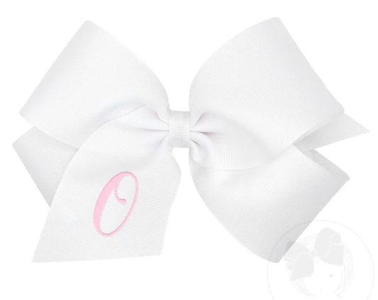 King Monogrammed Grosgrain Girls Hair Bow - White with Light Pink Initial- O