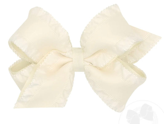 Medium Ruffle Edge Satin with Grosgrain Underlay Hair Bow- Antique White