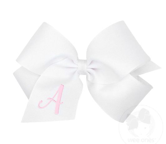 King Monogrammed Grosgrain Girls Hair Bow - White with Light Pink Initial- A