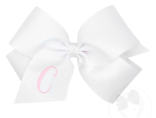 King Monogrammed Grosgrain Girls Hair Bow - White with Light Pink Initial- C