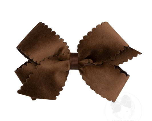 Small King Grosgrain Hair Bow with Scalloped Edge Faux Velvet Overlay- Brown