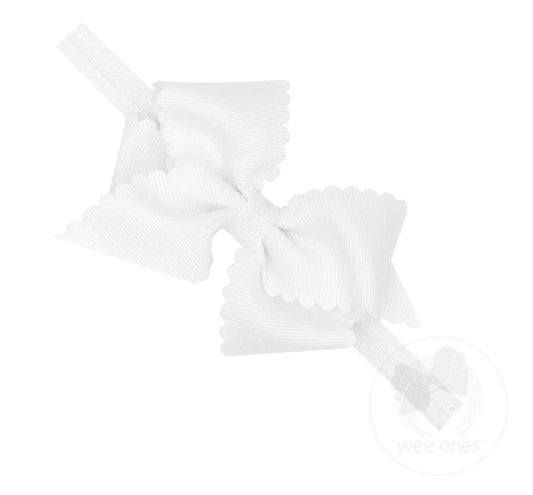 Extra Small Scalloped Edge Grosgrain Hair Bow on Matching Elastic Band- White