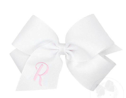 King Monogrammed Grosgrain Girls Hair Bow - White with Light Pink Initial- R