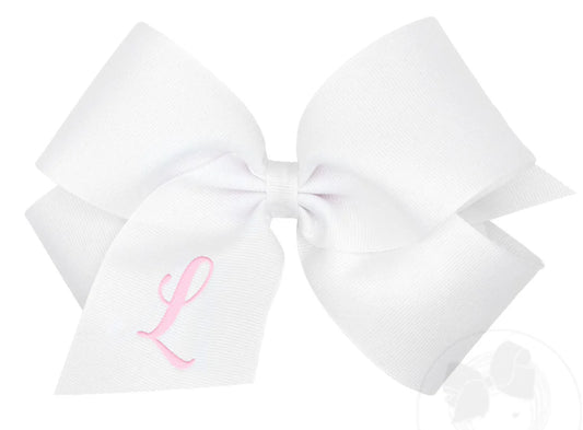 King Monogrammed Grosgrain Girls Hair Bow - White with Light Pink Initial- L