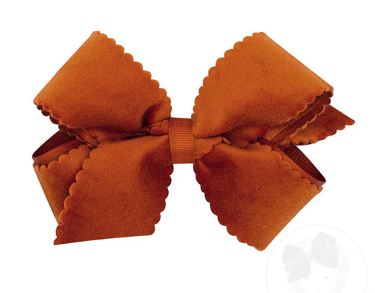 Small King Grosgrain Hair Bow with Scalloped Edge Faux Velvet Overlay- Burnt Orange