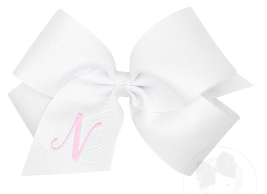 King Monogrammed Grosgrain Girls Hair Bow - White with Light Pink Initial- N