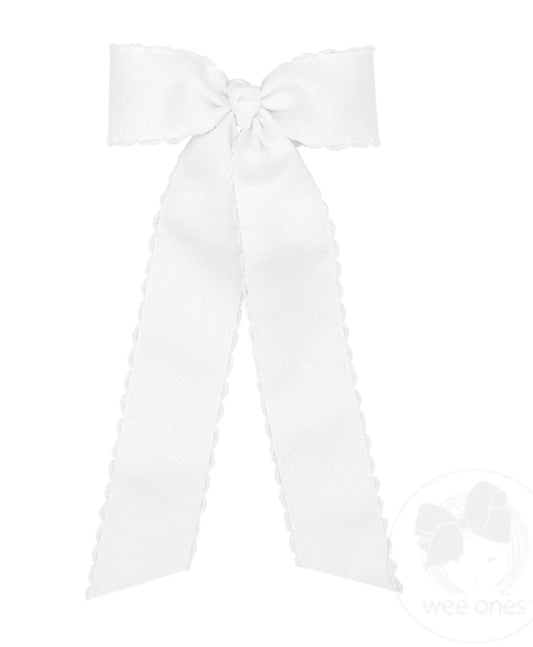 Medium Grosgrain Moonstitch Hair Bowtie with Knot Wrap and Streamer Tails-White