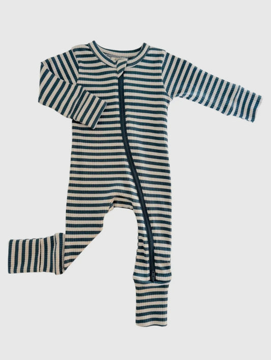 Steel Blue Stripe Organic Ribbed 2 Way Zip Convertible Footie