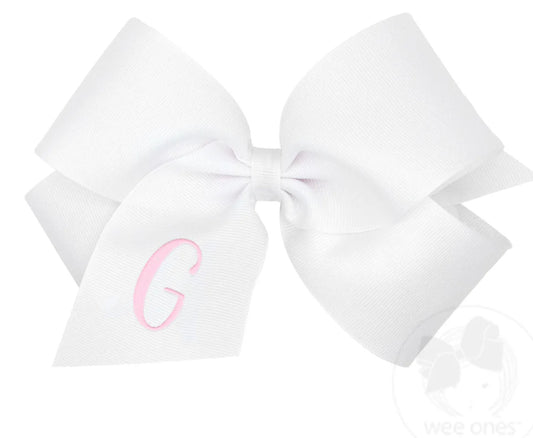 King Monogrammed Grosgrain Girls Hair Bow - White with Light Pink Initial- G