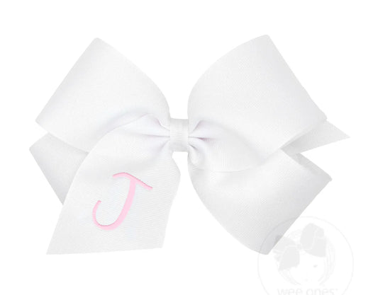King Monogrammed Grosgrain Girls Hair Bow - White with Light Pink Initial- J