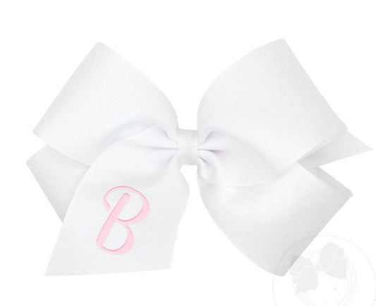 King Monogrammed Grosgrain Girls Hair Bow - White with Light Pink Initial- B
