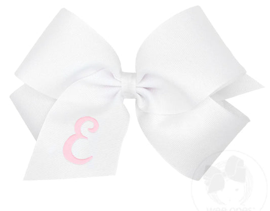 King Monogrammed Grosgrain Girls Hair Bow - White with Light Pink Initial- E