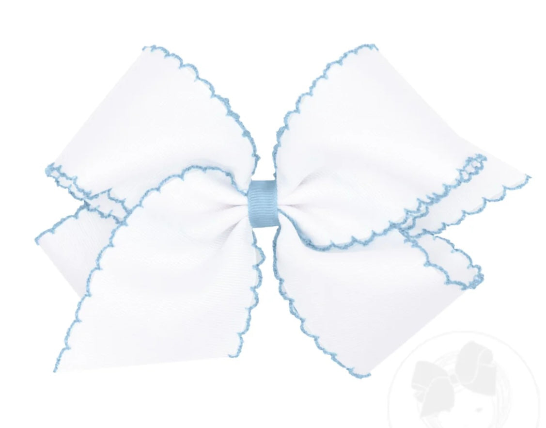 King Moonstitch Grosgrain Hair Bow with Contrasting Wrap- White With Blue