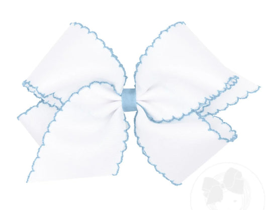 King Moonstitch Grosgrain Hair Bow with Contrasting Wrap- White With Blue