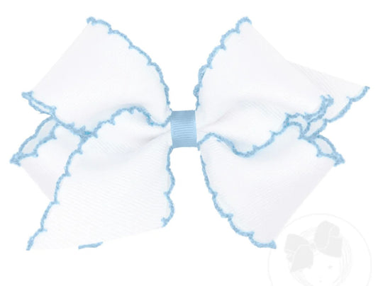 Medium Moonstitch Grosgrain Hair Bow with Contrasting Wrap- White With Blue
