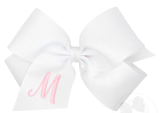 King Monogrammed Grosgrain Girls Hair Bow - White with Light Pink Initial- M