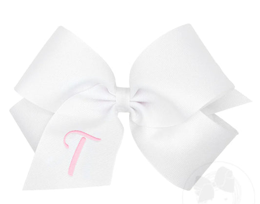 King Monogrammed Grosgrain Girls Hair Bow - White with Light Pink Initial- T