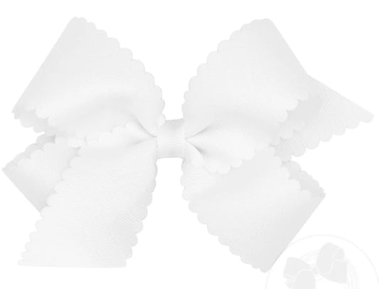 Medium Grosgrain Hair Bow with Scalloped Edge- White