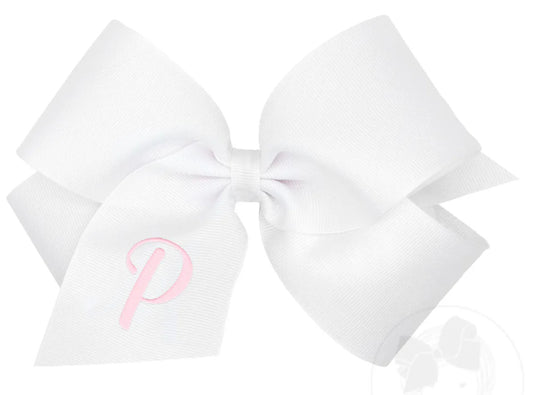 King Monogrammed Grosgrain Girls Hair Bow - White with Light Pink Initial- P